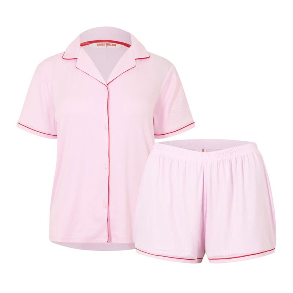 Urban Threads Womens/Ladies Contrast Piping Short Pyjama Set / Pink/Red